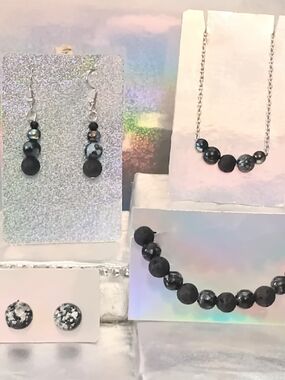 Handcrafted Black and Gray Beaded Necklace and Earring Set